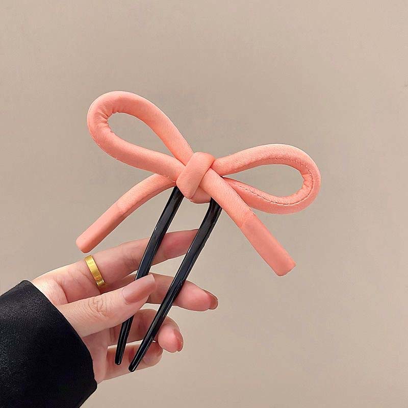 Korean Pink Big Bow Hair Sticks For Women Girls Fashion Sweet Acrylic U-shaped Bowknot Ribbon Hairpin Top Clip Hair Accessories