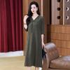 Summer Guangle Crepe Silk Dress Stylish Simple Loose Retro V-Neck Silk Medium and Long Skirt