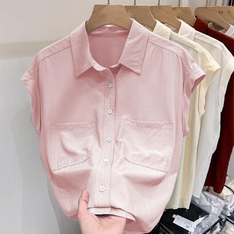 French Style Minimalist Summer Commuti Short Sleeve Chiffon Blouses Women's Patchwork Solid Pocket Loose Polo Neck Button Shirts