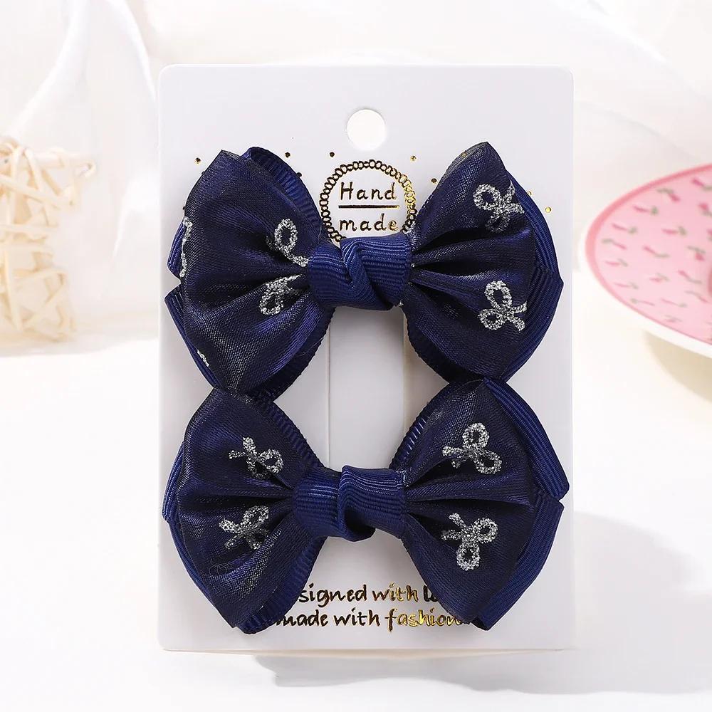 2PCS /Set Embroidery Bowknot Hair Clips 2.7inch Cheer Bows Handmade Hairgripes for Kids Girls Headdress Hair Accessories