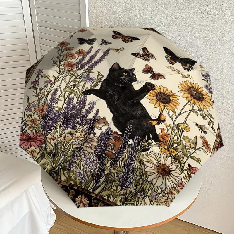1PC cat, butterflies Umbrella-8-Rib Reinforced Portable Folding Travel Suitable for All Seasons Outdoor Daily Use Is an Ideal Choice -K0368
