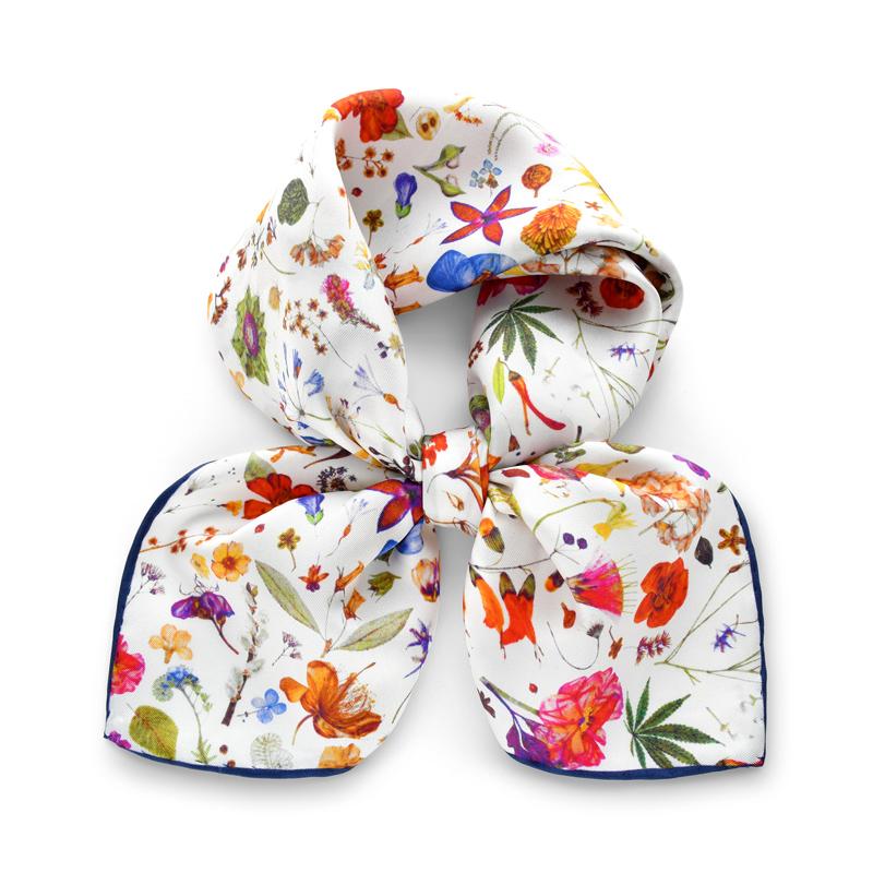 

White Floral Print 100% Silk Scarf Women Wrap Neckerchief 50cm Twill Shawl Spring and Autumn Square Scarf Luxury Gift 52x52cm