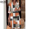 QICED Women Fashion Spring Autumn Color Block Print Long Sleeve Polo Collar Loose Waist Casual Dresses