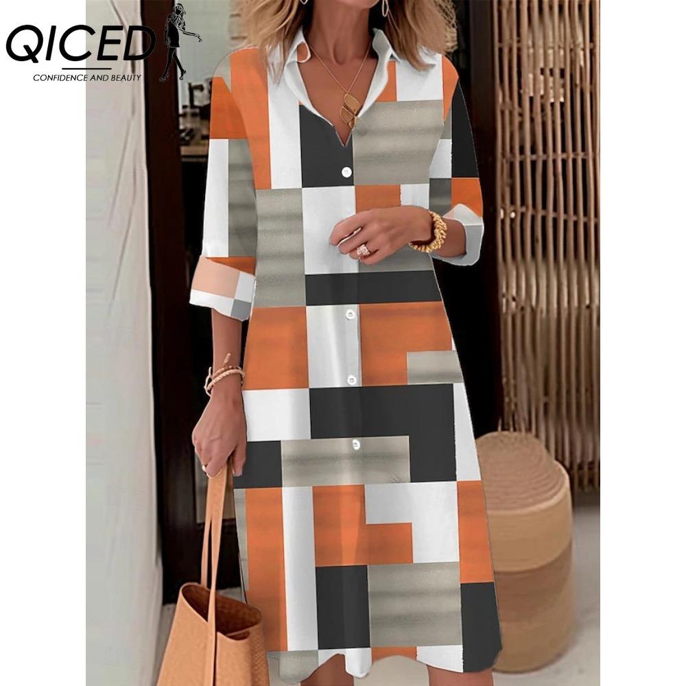 QICED Women Fashion Spring Autumn Color Block Print Long Sleeve Polo Collar Loose Waist Casual Dresses