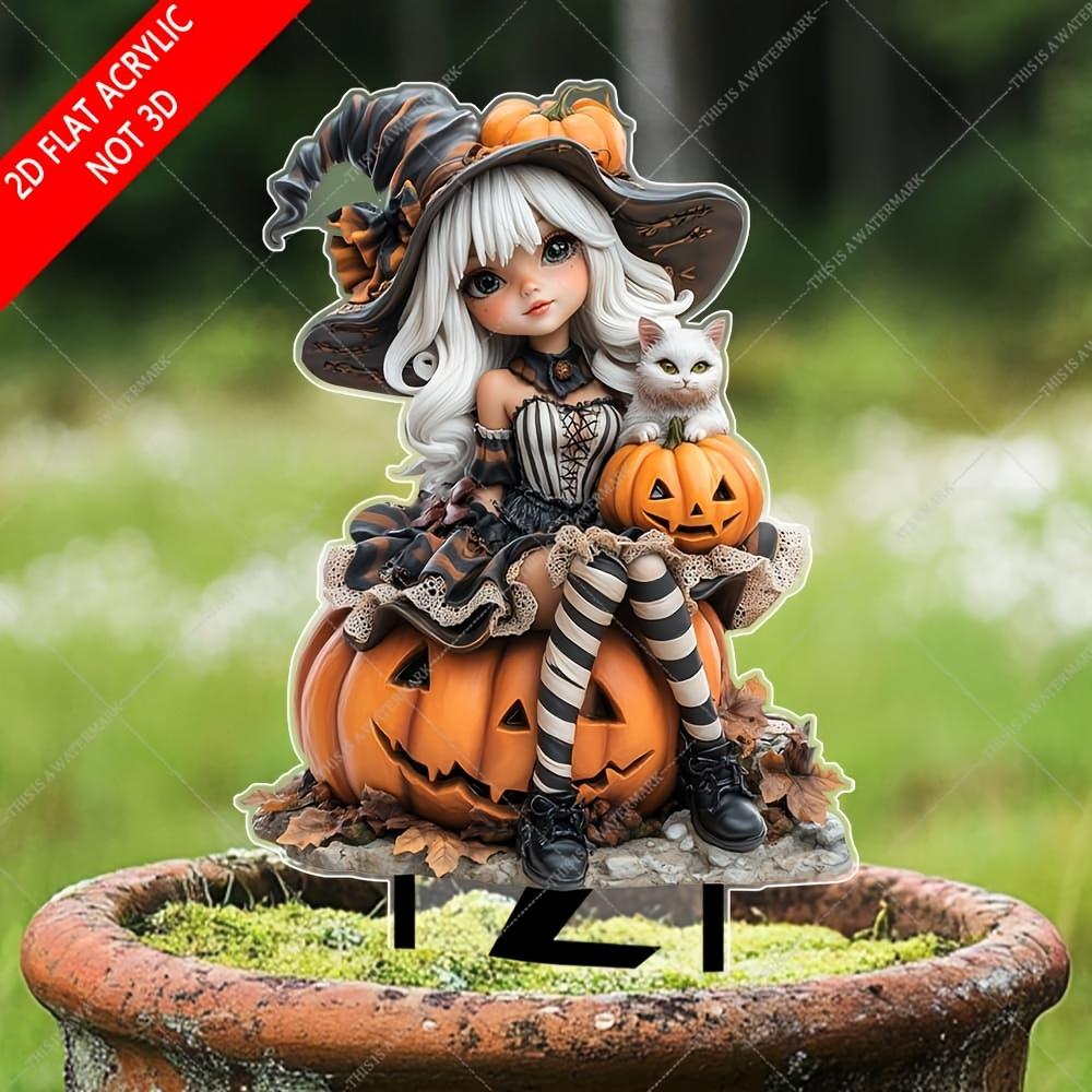 Płaska dekoracja akrylowa 2D czarownicy i kota na zewnątrz, do ogrodu, trawnika, roślin doniczkowych i sztuki krajobrazu, motyw Halloween, odpowiednia na 11 świąt