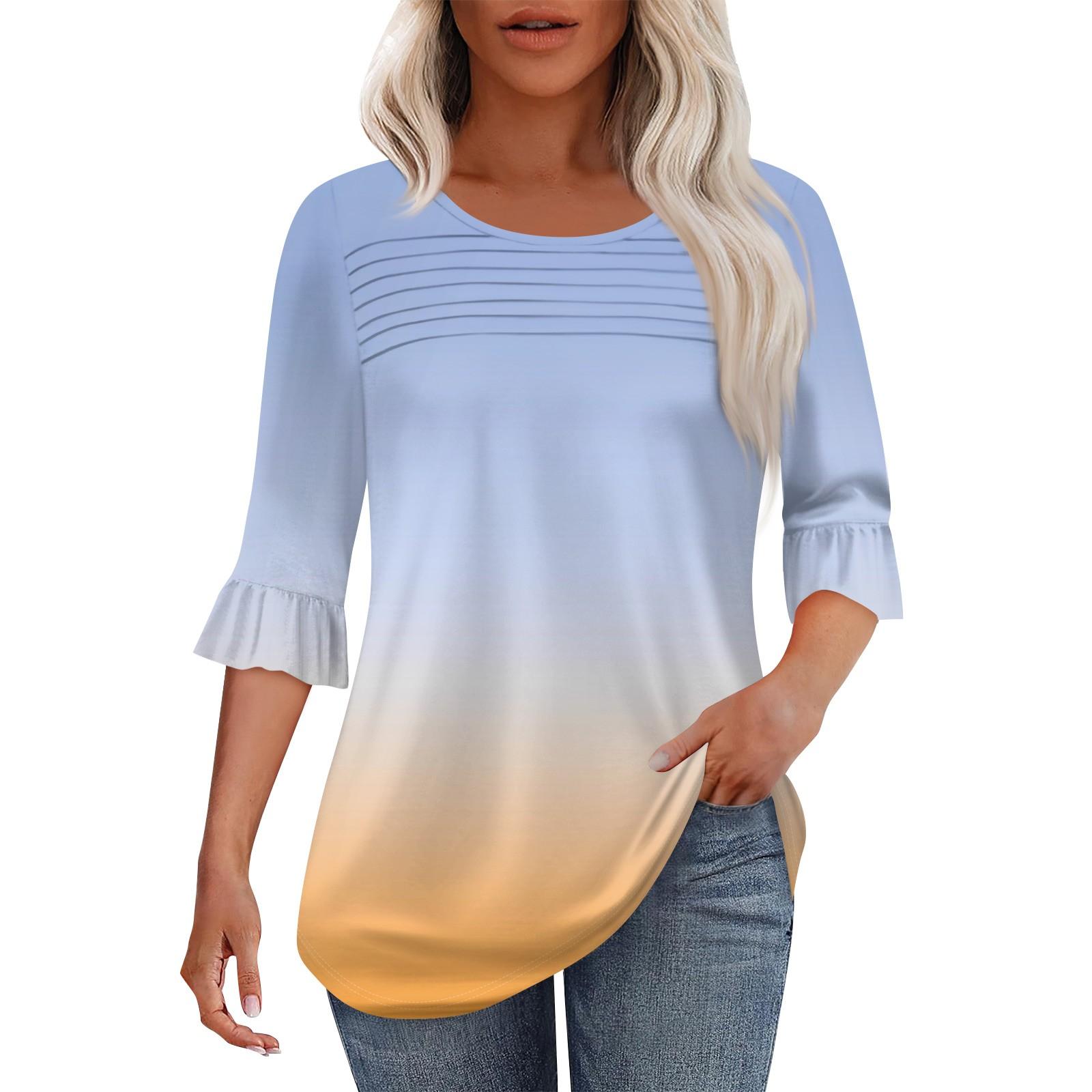 

Женская мода круглый вырез шея плиссированный спереди напечатанные точки расклешенный топ рукав 3/4 S оранжевый