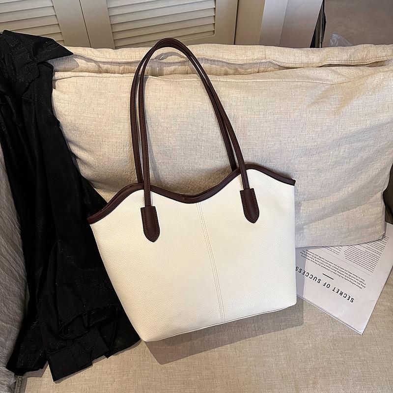 Women Fashion Retro Colorblock Simple Large Capacity Commuting Tote Shoulder Bag