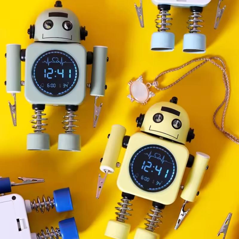 Moderne Süße Metall Roboter Digitaler Wecker Stille LED Temperaturanzeige Nachtlicht Schreibtisch Uhr für Kinderzimmer Nachttisch