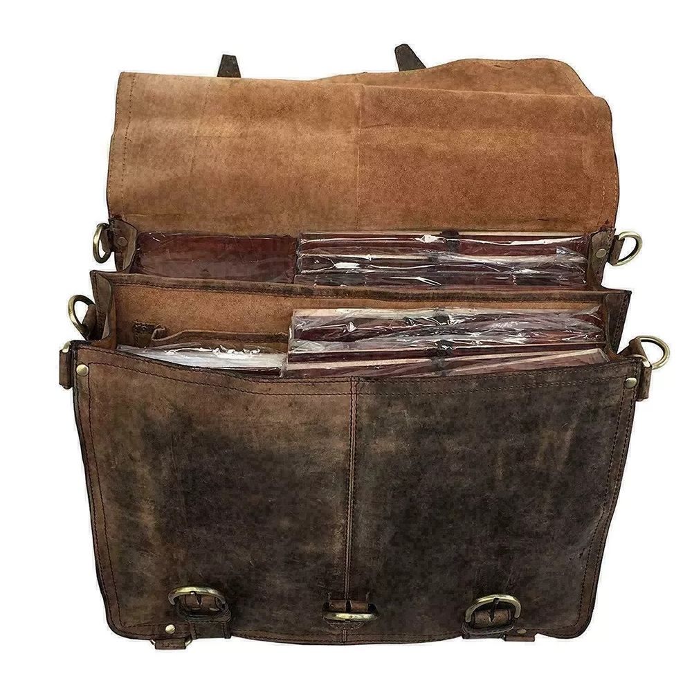 Vintage Brown Genuine Buffalo Leather Messenger Bag 16"Laptop Briefcase Satchel