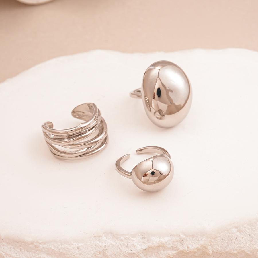 

Three-piece set of metallic geometric oval beanie open ring niche jewelry