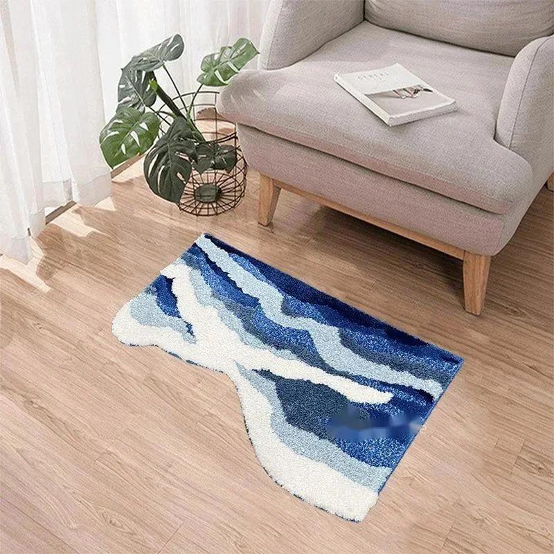 Thick Flocking Ocean Wave Rug Non Slip Rubber Back Washable Acrylic Floor Mat For Bedroom Bathroom Beach House Decor