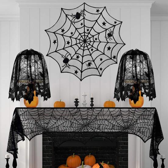 Tovaglia di Halloween, Copritavola Ragnatela di Pizzo Nero, Paralume Gotico Spettrale per Mascherata di Halloween, Festa, Decorazione Tavola da Pranzo