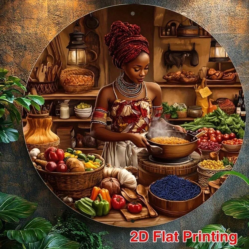 Metal Wall Art Vintage African Lady Round Sign Home Bar Decor Kitchen Office
