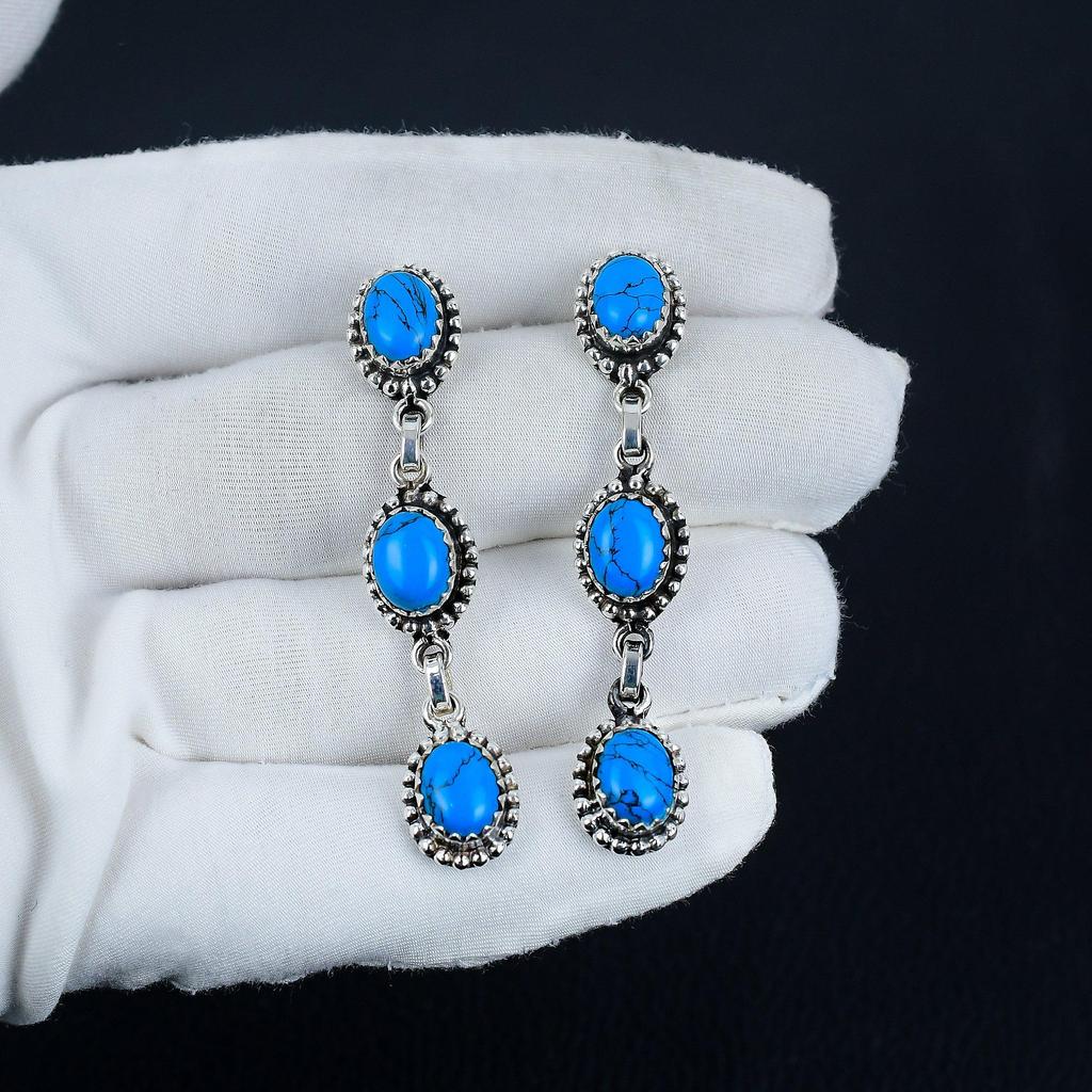 Natural Blue Turquoise Gemstone Earrings, 925 Sterling Silver Earring, Handmade Boho Silver Jewelry Dangle Earrings, Thanksgiving Gift