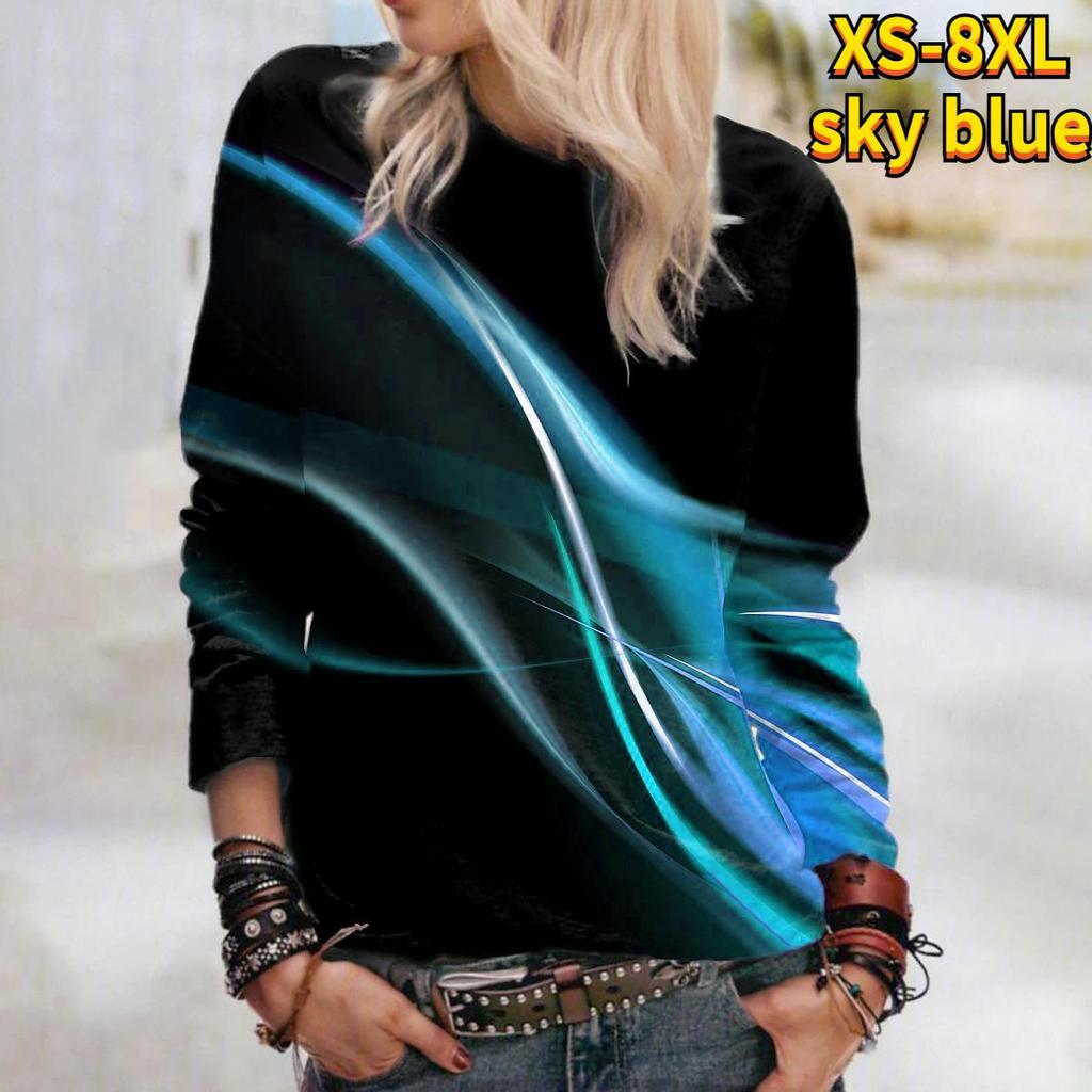 3D tisk Modrá Lightning trička Dámské topy Dlouhý rukáv Pulovr s výstřihem do O Dámská trička Trička pro ženy