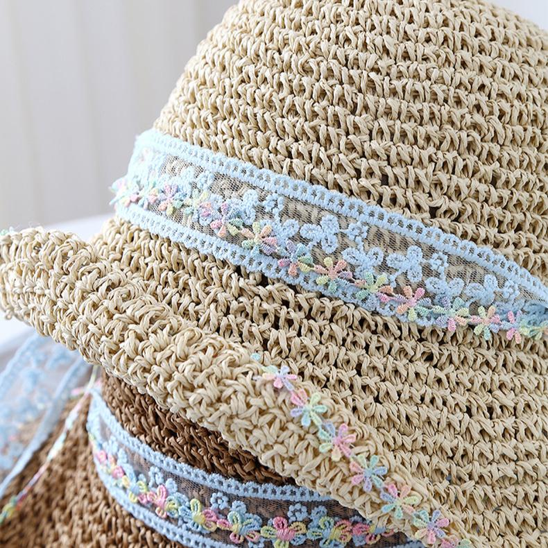 Lace Lafite Damen Strohhut Frühling und Sommer Sonnenschutz Reise Hut mit breiter Krempe Bucket Hat Strand Meer Sonnenhut