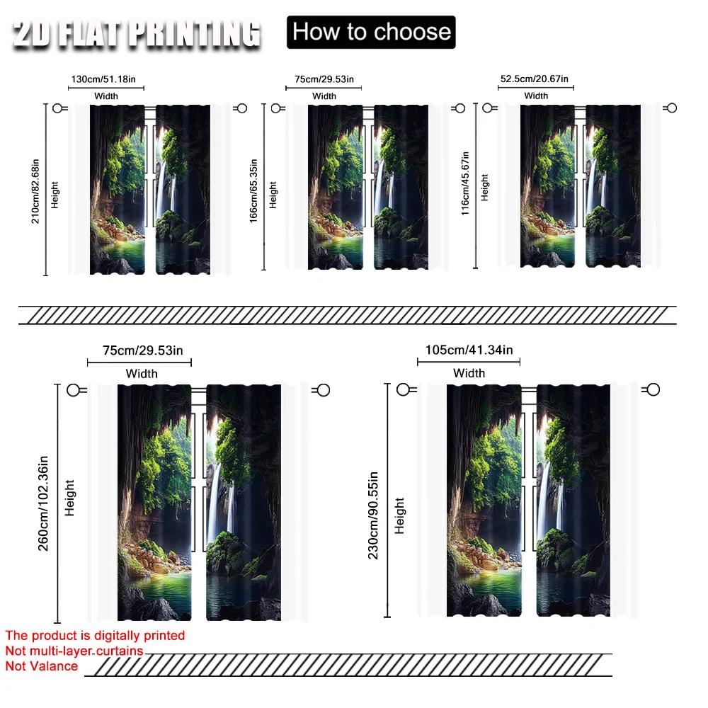 2pcs 2D flat printing Party Window Curtains Waterfall cave nature picture art 100% Polyester Without Electricity Spring Party &