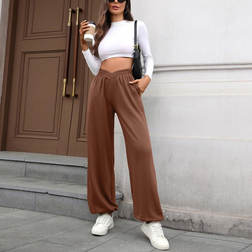 Fall Winter New Women's Elastic Waist Pockets Drawstring Cuffed Loose Casual Trousers