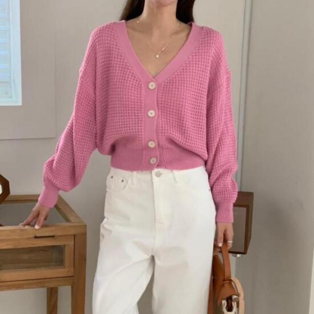 New ArriVals Open Run Ribbed Pink Cardigan V Neck Button Semi Crop Waffle Knit