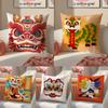 Oriental Festive Lion Print Pillow Case Double-Sided Plush Sofa Cushion Covers Organic Breathable Invisible Zipper