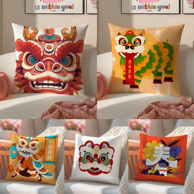 Oriental Festive Lion Print Pillow Case Double-Sided Plush Sofa Cushion Covers Organic Breathable Invisible Zipper