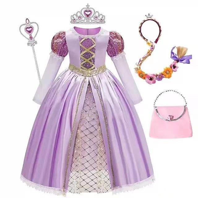 Lila Prinzessinnen-Netzkleid mit langen Haaren, Halloween-Märchenparty-Bühnenkleid für Mädchen