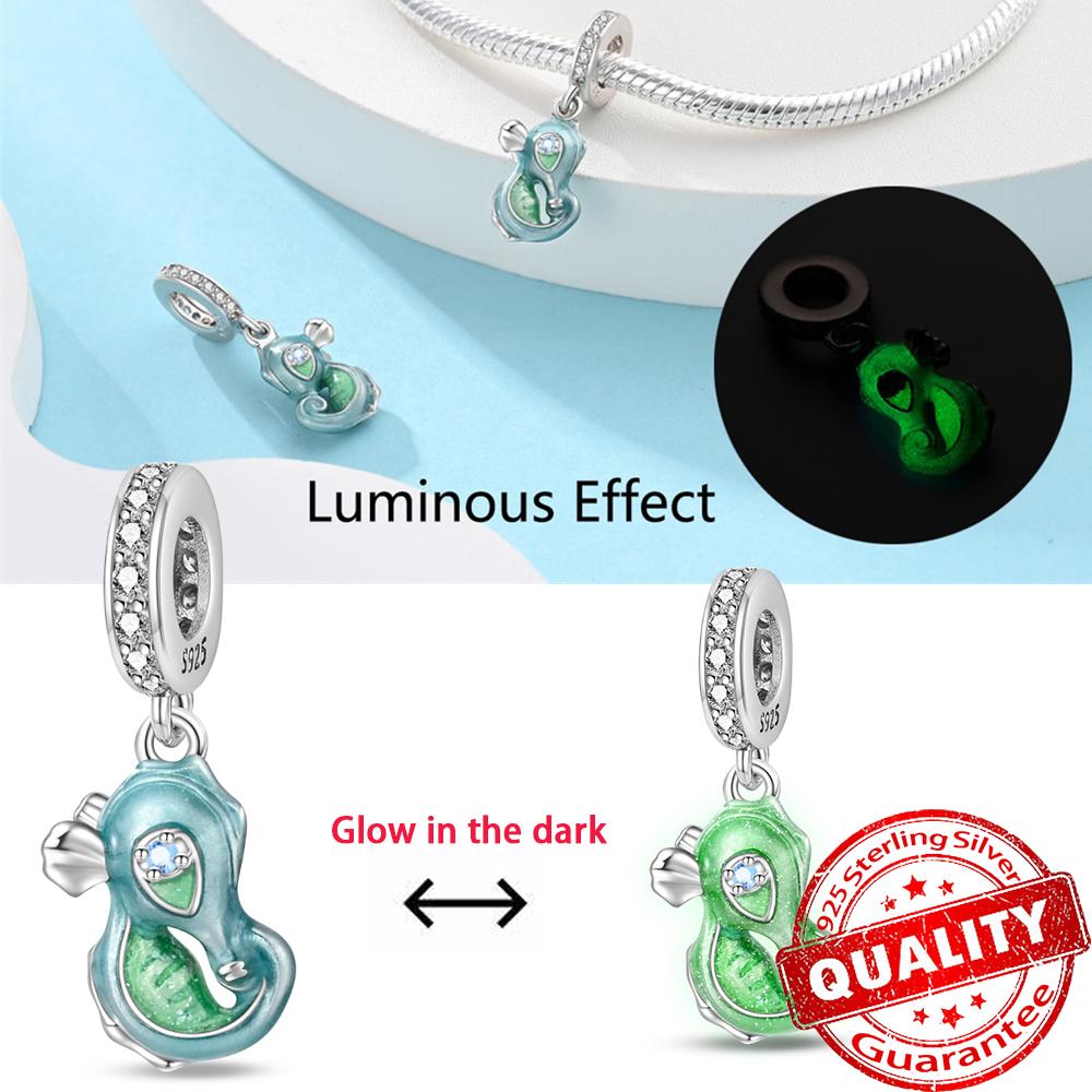 Original 925 Sterling Copper Glow-in-the-dark Green Zircon Heart Butterfly & Spinning Ball Dangle Charm Fits Original Bracelet