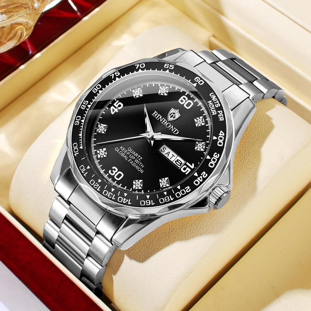 Binbang Men's Green Submariner Quartz Watch, Double Calendar, Steel Band, Business Waterproof.