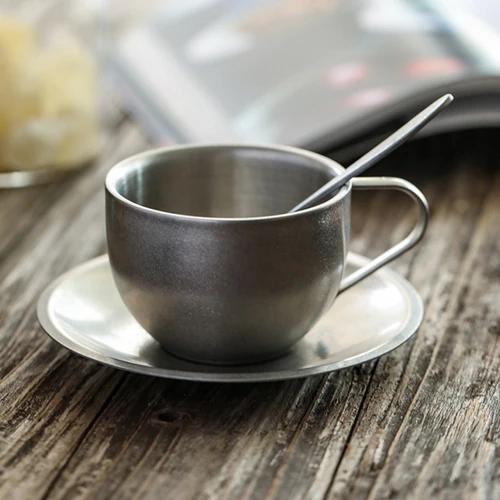 Retro Frosted Stainless Steel Coffee Cup Japanese Industrial Style 304 Stainless Steel Teacups and Saucers Household Tableware
