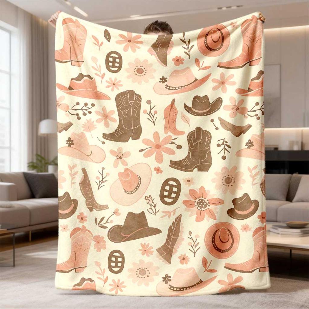 2026 New Arrival Flannel Blanket 1pc Western Cow Boot & Hat Design Flannel Throw Blanket - Soft, Warm, and Lightweight Pink Flannel for Couch, Bed, Tr