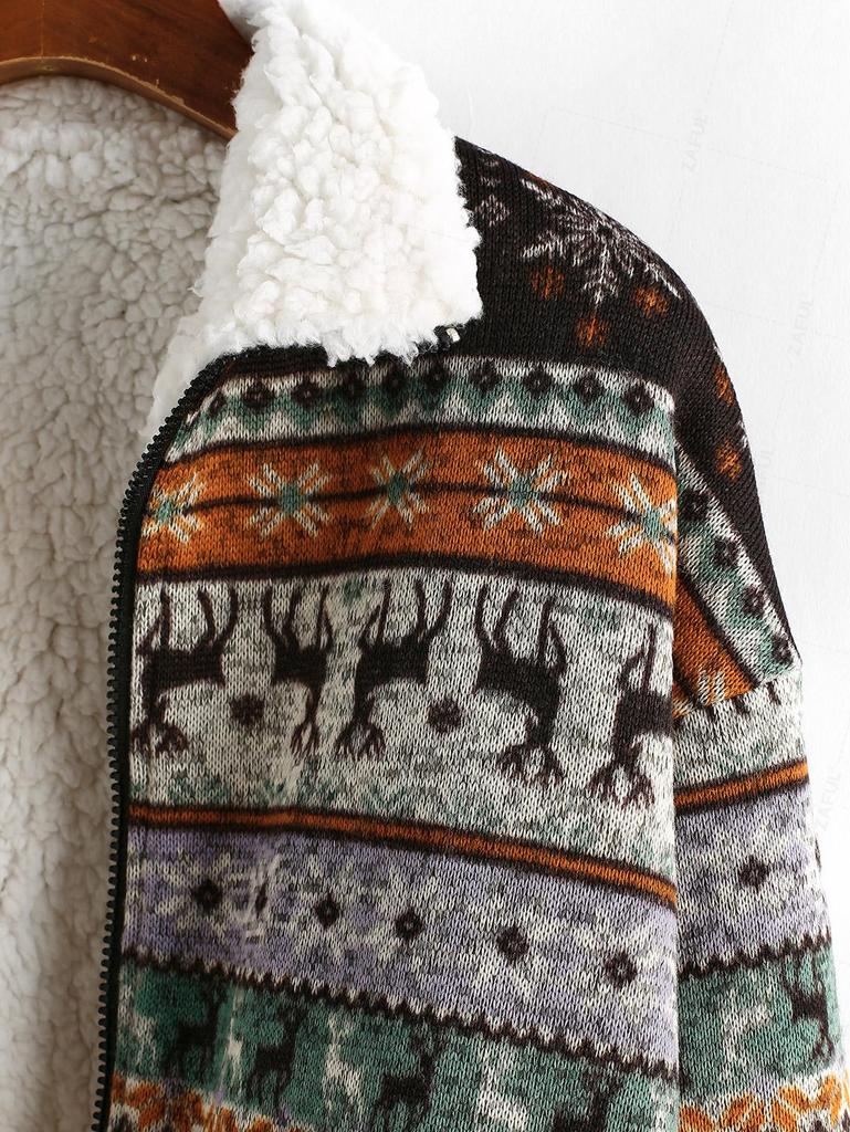 ZAFUL Christmas Elg Snøring Faux Shearling Strikkejakke