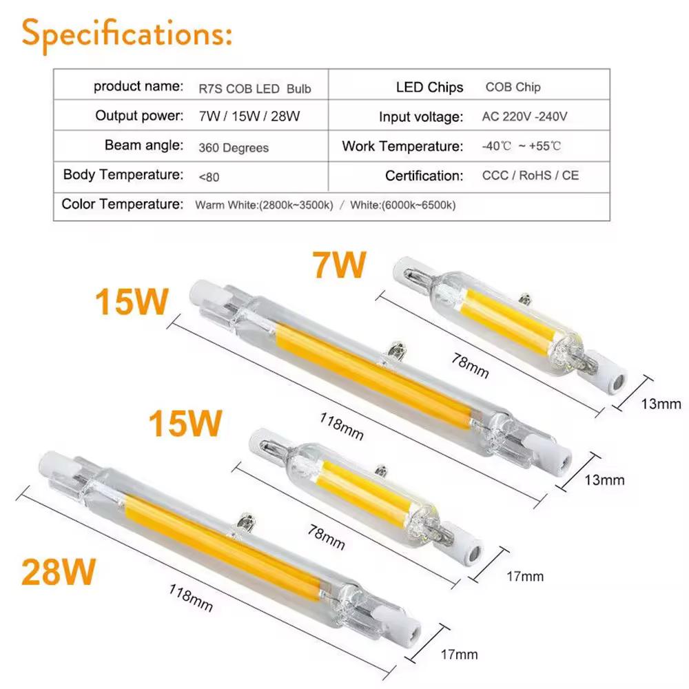 Dimmable R7S LED 118mm COB Tube Bulb 78mm Floodlight 110V 220V 7W 15W 28W Landscape Lights Replacement For Halogen Light Bulbs