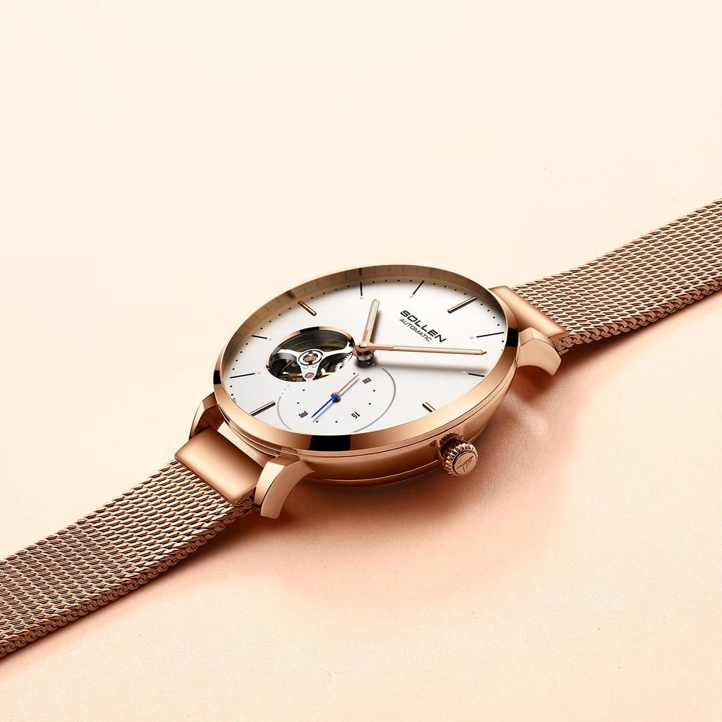 Solon Petite Ladies' Skeletonized Automatic Mesh Band Watch - Korean Style 