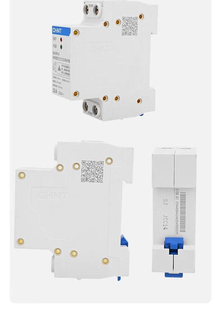 OUVR-2 Dual Voltage Protector: Self-Recovery Over/Under Voltage 1P+N Circuit Breaker, 3P+N Configuration, 40A/63A, Bottom-In, Top-Out Connection.