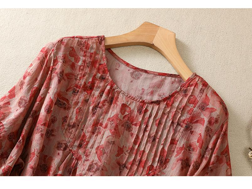 2025 Summer Floral Print Puff Sleeve Round Neck T-shirt