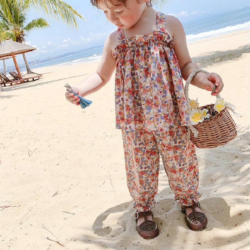 MAITA Summer New Girls' Set Flower Strap Top and Crop Pants