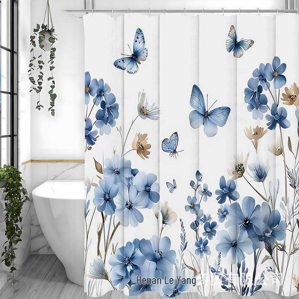 Blue Butterfly Bathroom Set: Shower Curtain, Bath Mat, Toilet Lid Cover, Bathroom Mat & 12 Hooks.