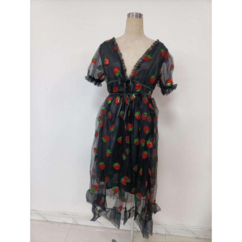 Women's Summer Sweet Sequins Long Mesh Strappy Pleated Dresses