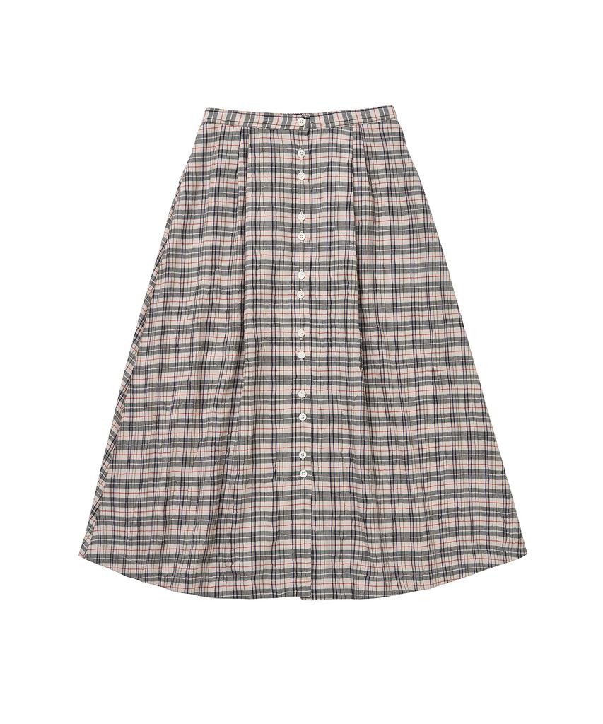 Cotton Bell Button Placket Flare Skirt - Ivory Check