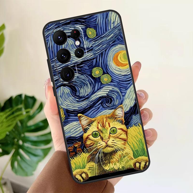 Cat Van Gogh's The Starry Night Soft Case For Samsung Galaxy S25 S21 S22 S23 S24 Ultra S9 S10 Plus S20 FE S24 FE Phone Cover