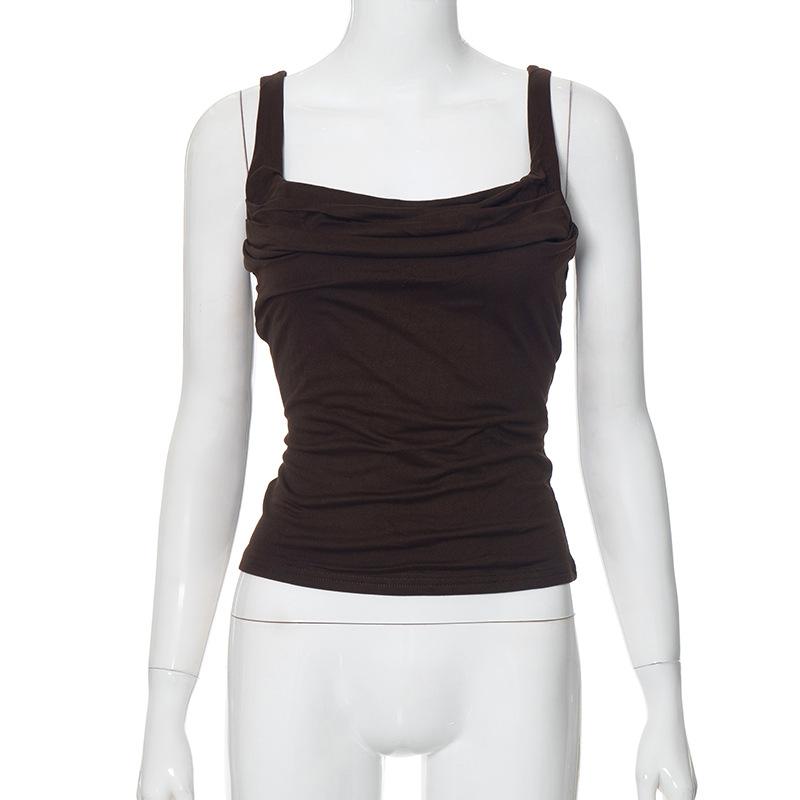 GMXIA Women's Spring Halter Slim Solid Color Patchwork Pleated Halter Vest T-shirt Top