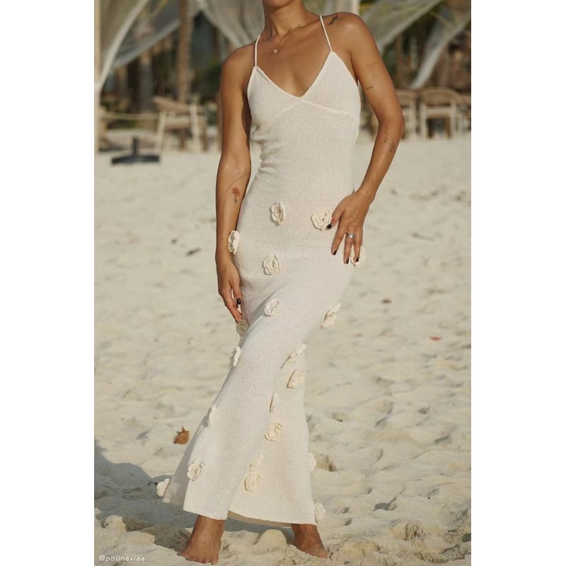 

Fashion Style Sexy Sling Three-Dimensional Flower Knitting Backless Dress Strap Sexy Seamless Dress Apricot color L