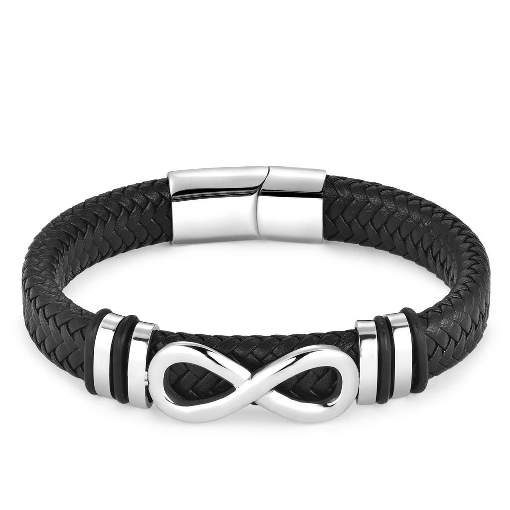 Schwarzes Lederseil-Armband mit 8 Unendlichkeitszeichen für Männer, modisches handgewebtes Armband, Edelstahlverschluss, verstellbares Lederband