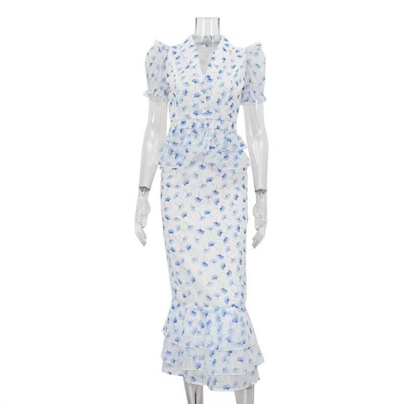 

Новый французский стиль Принт V-образный вырез Рукав-фонарик Топ Юбка комплекты Принтованный Топ и Юбка Комплект Blue L