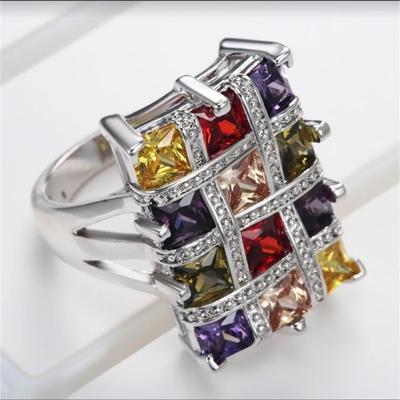 New Square Colour Crystal Big Rings For Women Zircon Ring Female Geometric Large Wedding Ring