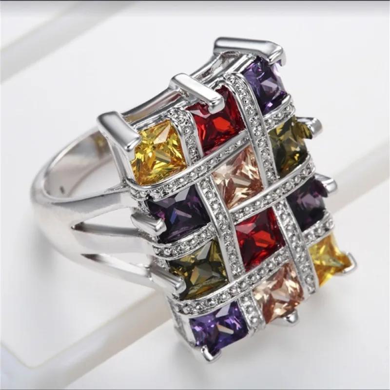 New Square Colour Crystal Big Rings For Women Zircon Ring Female Geometric Large Wedding Ring