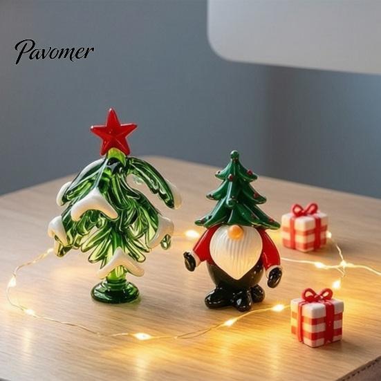 Decorative Colorful Glass Tree Christmas Figurine, Handmade Santa Deer Desk Decor, Unique Desktop Gift Miniature Holiday Tabletop Ornament for