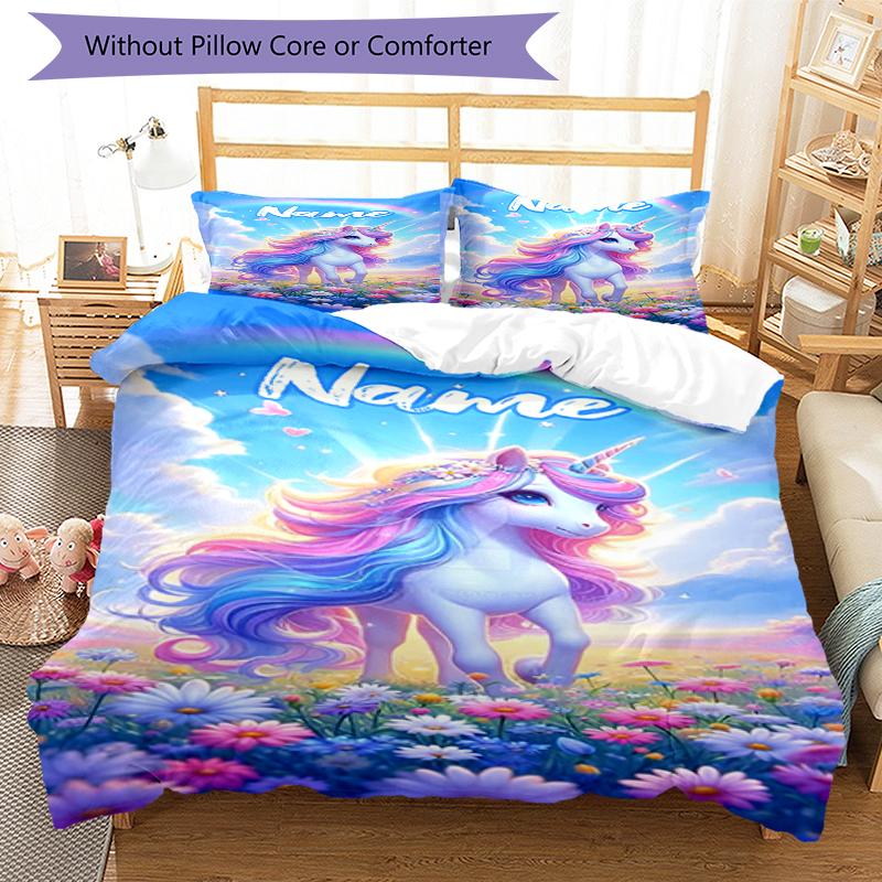 3pcs Custom Name Unicorn Bedding Set Duvet Cover Closure Includes 1 Duvet Cover & 2 Pillowcases, Soft and Comfortable for All Seasons.