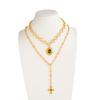 Melard Style Tiger Eye Stone Pendant Cross Necklace for Women Light Luxury Metallic Feel Round Splicing Collarbone Chain Gold Color