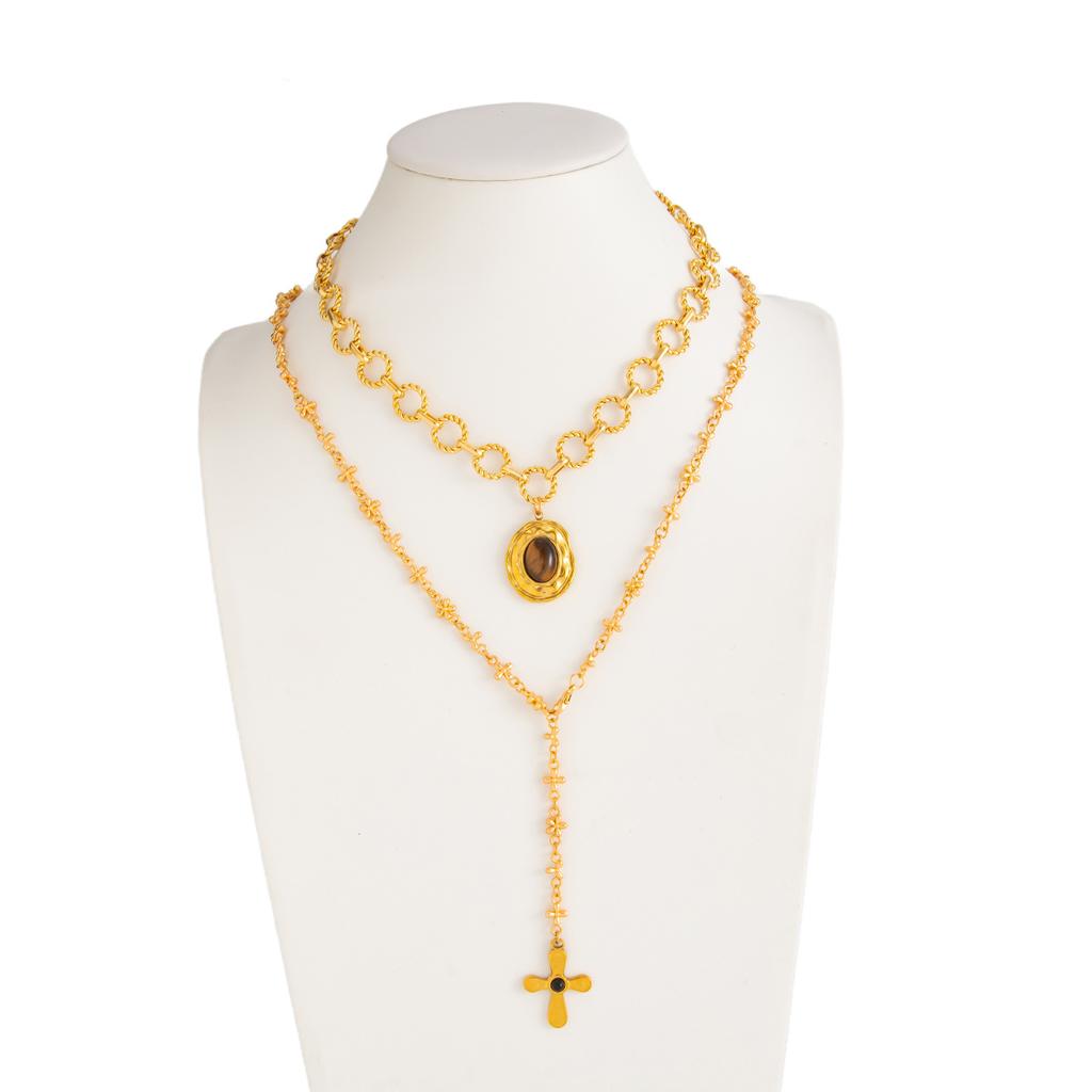 Melard Style Tiger Eye Stone Pendant Cross Necklace for Women Light Luxury Metallic Feel Round Splicing Collarbone Chain Gold Color
